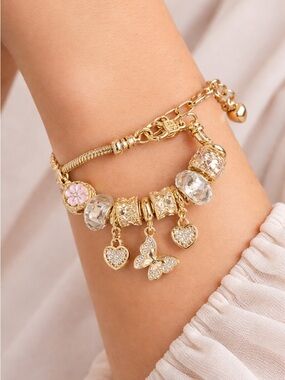 Gold Charm Bracelet Stainless Steel – Butterfly & Heart Charms, Pink Flower
